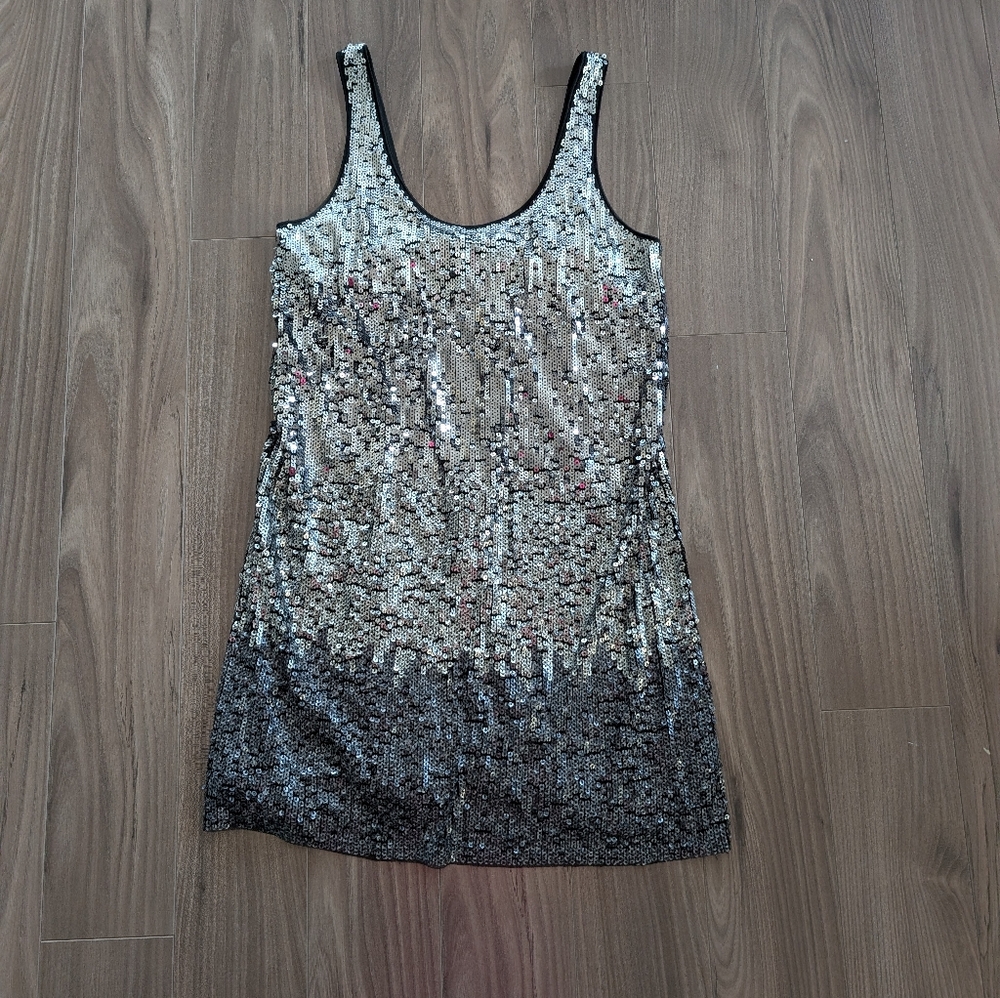 Express Mini Sequin Dress Metallic Silver Y2K NYE Ombre (Size Small)